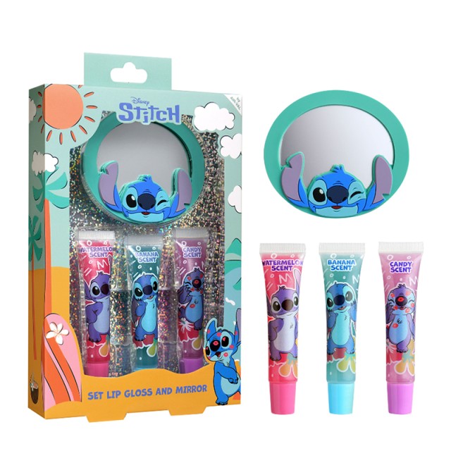 AIR-VAL Stitch Lip Gloss & Mirror Set, Παιδικό Σετ Περιποίησης Χειλιών με Λιπ Γκλος & Καθρεφτάκι