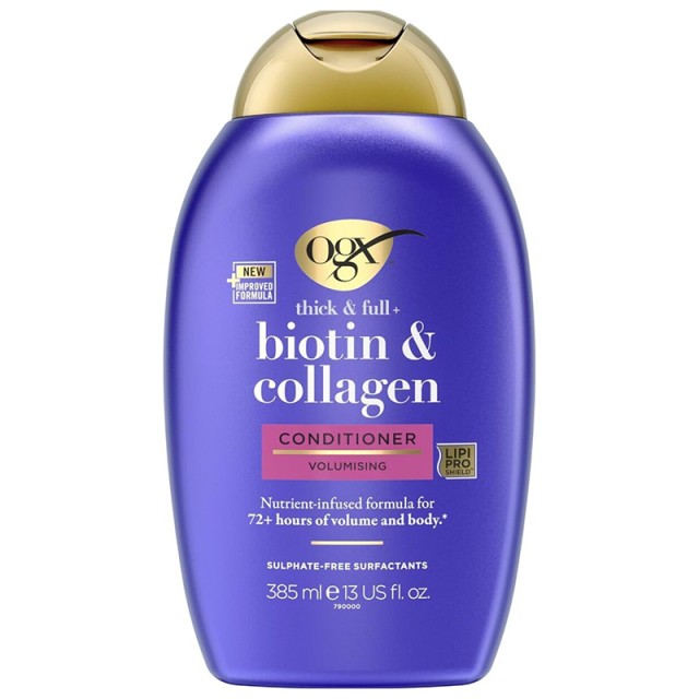 OGX Thick + Full Biotin & Collagen Conditioner SLS Free, Μαλακτικό για Πυκνότητα & Όγκο στα Μαλλιά χωρίς Θειϊκά Άλατα, 385ml
