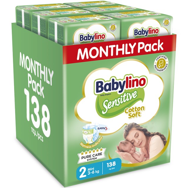 Βρεφική πάνα Babylino Sensitive Cotton Soft No2 3-6 Kg Monthly Pack, 138 τεμ.