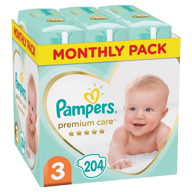 Pampers Premium Care, Βρεφικές Πάνες Νο3 (6-10kg), 204τμχ, MONTHLY PACK
