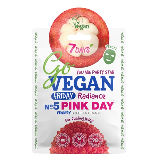 7DAYS GoVegan sheet mask PINK day Friday, Υφασμάτινη Μάσκα Προσώπου για Λάμψη, Τόνωση και Φρεσκάδα, 25gr