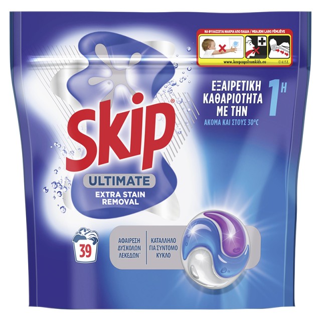Skip Ultimate Extra Stain Removal, Καψουλες Πλυντηρίου Ρούχων 39 τεμ. 823gr