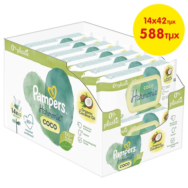 Pampers Harmonie Coco 0% Alcohol, Μωρομάντηλα χωρίς Οινόπνευμα, (14x42τμχ) 588τμχ E-BOX