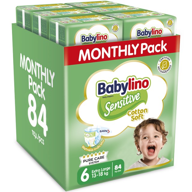 Βρεφική πάνα Babylino Sensitive Cotton Soft No6 13-18 Kg Monthly Pack, 84 τεμ.