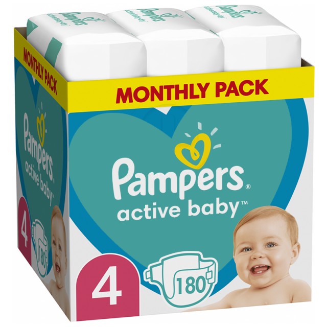 Pampers Active Baby Βρεφικές Πάνες, Νο4 (9-14kg), 180τμχ, MONTHLY PACK