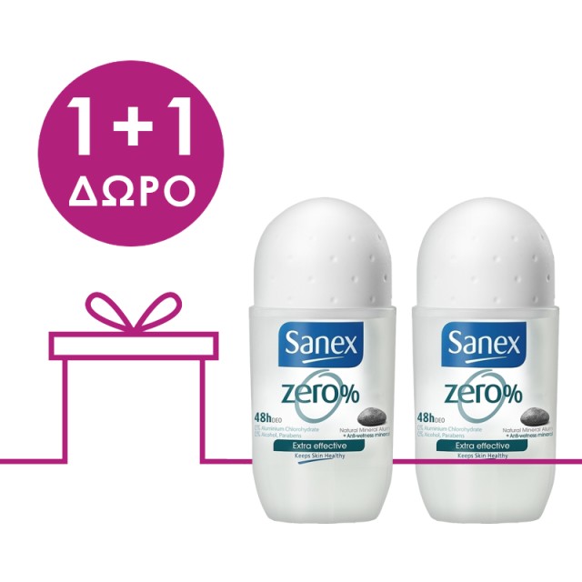 Sanex Zero% Extra Effective, Αποσμητικό Roll on, 2x50ml, 1+1 ΔΩΡΟ
