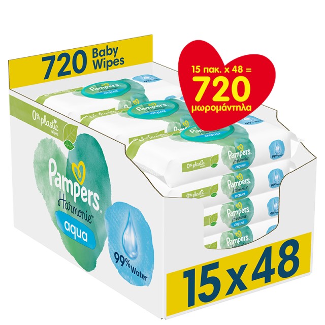 Pampers Harmonie Aqua 0% Άρωμα, Μωρομάντηλα 15x48τμχ (720τμχ)