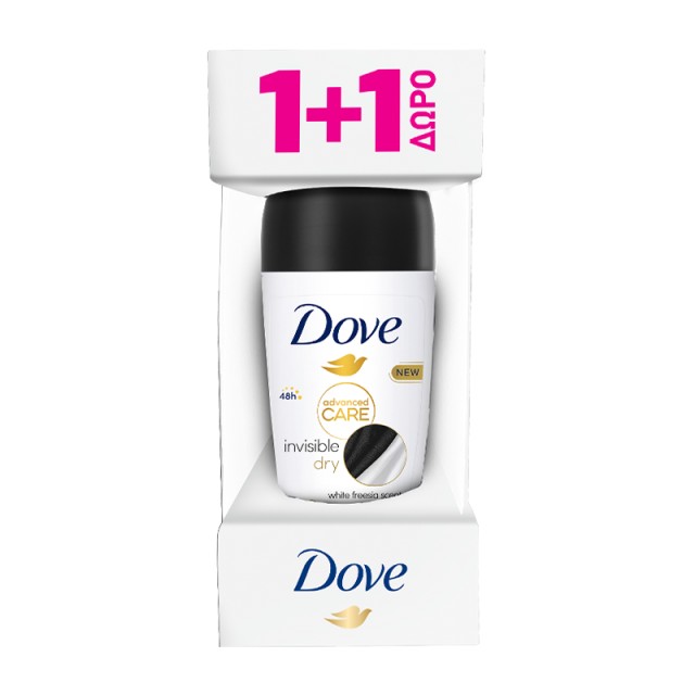 Dove Advanced Care Invisible Dry 48h Protection Anti-White Marks, Αποσμητικό Roll on 2x50ml, 1+1 ΔΩΡΟ