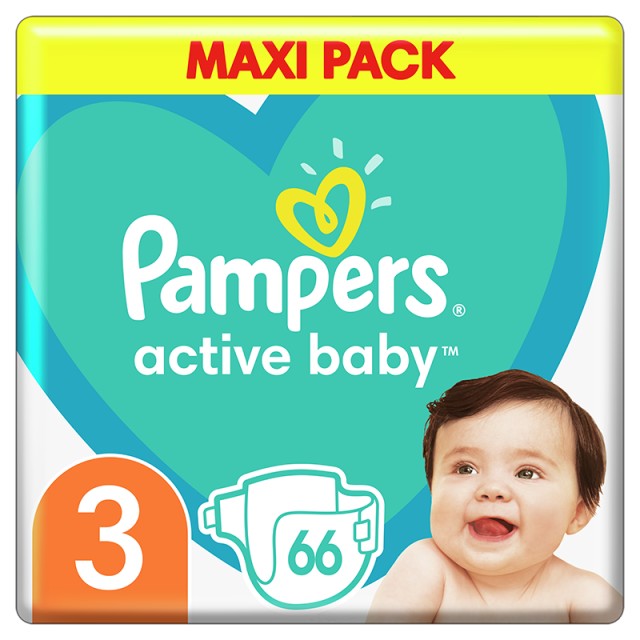 Pampers Active Baby, Βρεφικές Πάνες Νο3 (6-10kg), 66τμχ, MAXI PACK