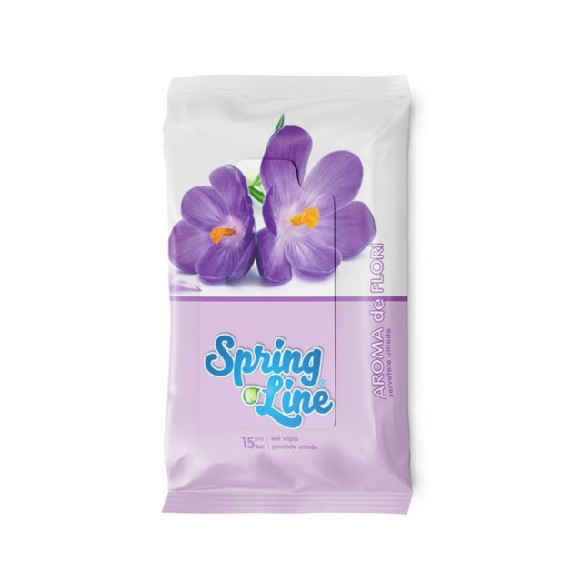 Spring Line Aroma de Flori, Υγρά Μαντηλάκια Καθαρισμού Σώματος, 15τμχ