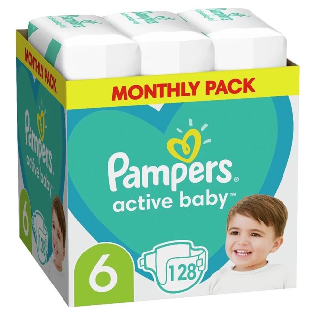 Pampers Active Baby, Πάνες No6 (13-18kg), 128τμχ, MONTHLY PACK