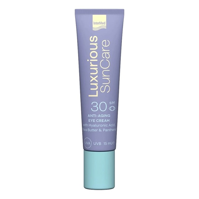 Intermed Luxurious Anti-ageing Sunscreen Eye Cream SPF30, Αντηλιακή Αντιrρυτιδική Κρέμα Ματιών Με Υαλουρονικό, Shea butter, Πανθενόλη & Εκχυλίσματα Χρυσάνθεμου & Φυκιών 15ml