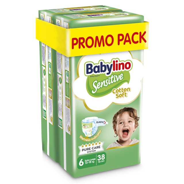 Βρεφική πάνα Babylino Sensitive Cotton Soft No6 13-18 Kg, PROMO PACK (2x38τμχ) 76τμχ