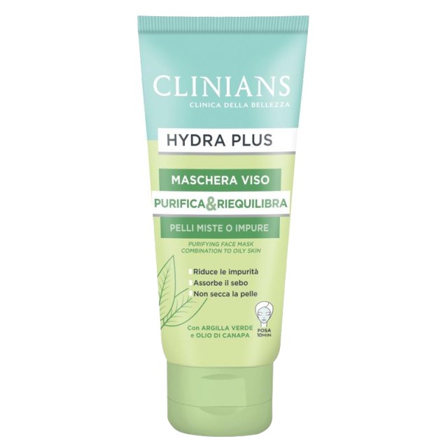 Clinians Hydra Plus Purifying Face Mask, Μάσκα Καθαρισμού & Εξισορρόπησης Λιπαρότητας με Πράσινη Άργιλο & Έλαιο Κάνναβης για Μικτό/Λιπαρό Δέρμα, 75ml