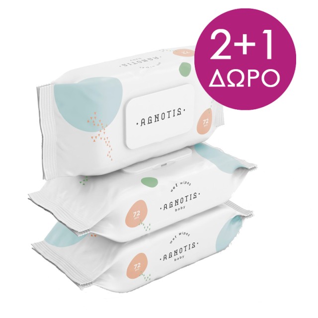 Agnotis Baby Wet Wipes, Μωρομάντηλα, 3x72τμχ, 2+1 ΔΩΡΟ