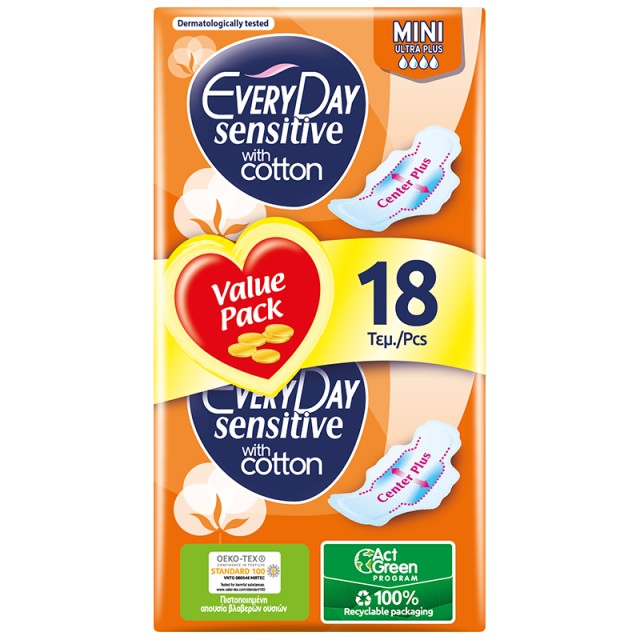Every Day Σερβιέτες Sensitive with Cotton MINI Ultra Plus Value Pack 18 τεμ.