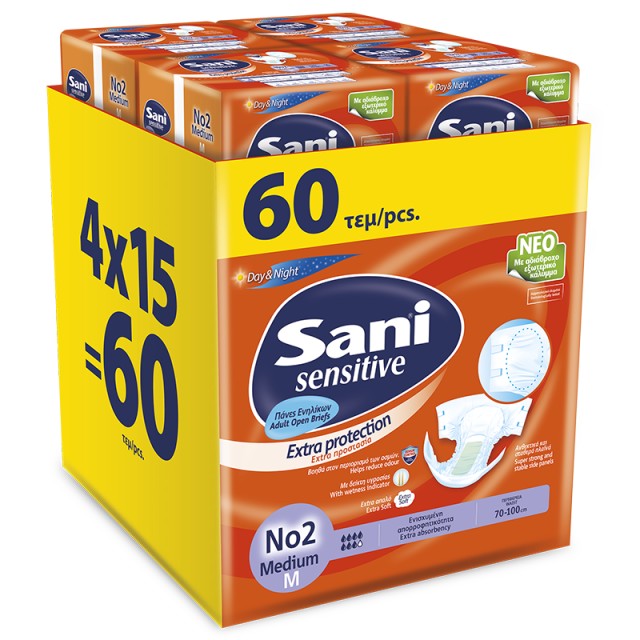Ανοιχτή πάνα ακράτειας Sani Sensitive Medium No2 MEGA PACK, 60τεμ.