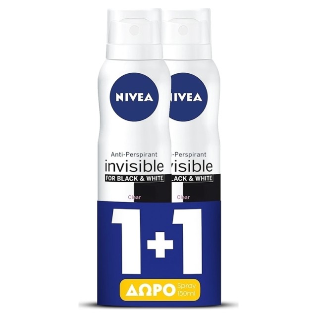 Nivea Black & White Invisible, Αποσμητικό Spray 48ωρης Προστασίας, 2x150ml 1+1 ΔΩΡΟ