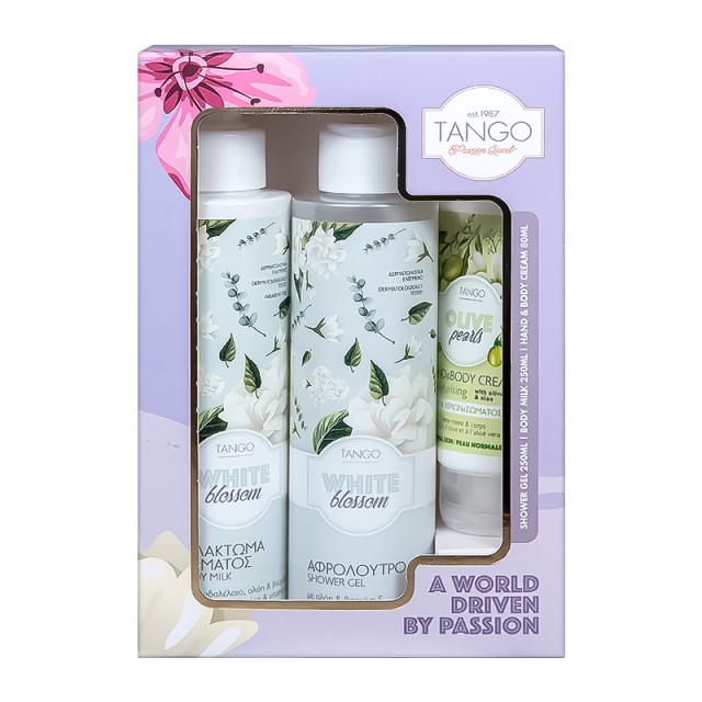 Tango Body Gift Set White Blossom & Olive Pearls, Αφρόλουτρο 250ml + Γαλάκτωμα Σώματος 250ml + Κρέμα Χεριών 80ml, Σετ Δώρου