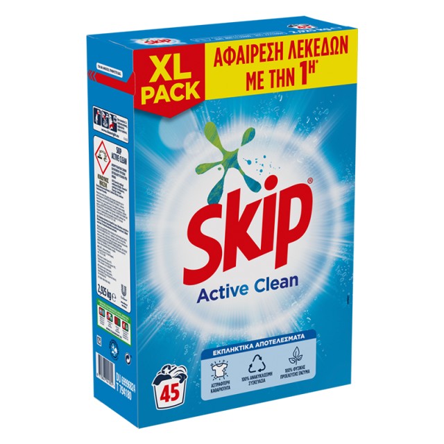 Skip Active Clean, Σκόνη Πλυντηρίου Ρούχων, 2.925kg, 45 μεζούρες