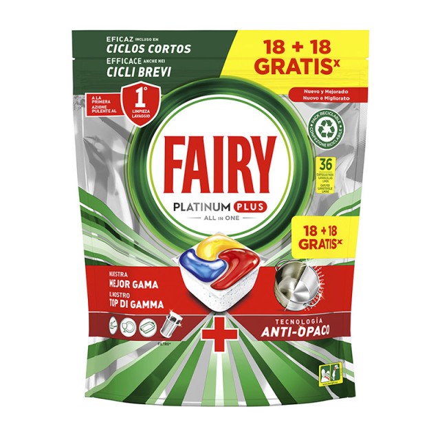 Fairy All in One Platinum Plus, Κάψουλες Πλυντηρίου Πιάτων, 36 κάψουλες (18+18 ΔΩΡΟ)