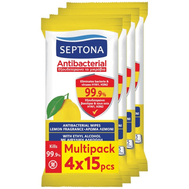 Septona Antibacterial Hand Wipes Aντιβακτηριακά Mαντηλάκια Xεριών Refresh Λεμόνι, Multi Pack, 4x15τεμ