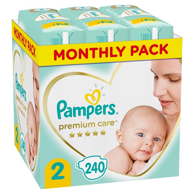 Pampers Premium Care, Βρεφικές Πάνες Νο2 (4-8kg), 240τμχ, MONTHLY PACK