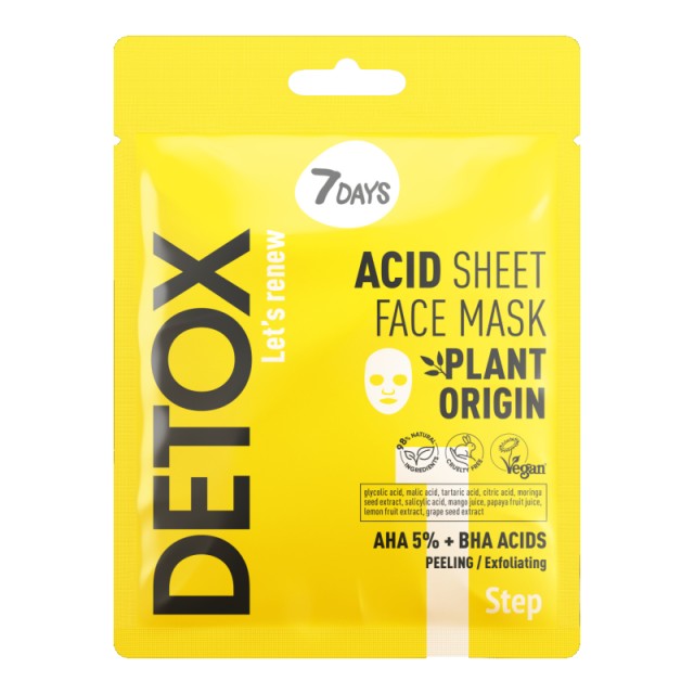7DAYS Detox Acid Sheet Face Mask AHA (5%) & BHA, Μάσκα Προσώπου για Bαθιά Aπολέπιση & Τόνωση, Step 1, 25gr
