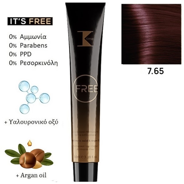 K-Time Free No7.65 Ξανθό Κόκκινο Μαονί, Μόνιμη Βαφή Μαλλιών σε Σωληνάριο, Χωρίς Αμμωνία 100ml