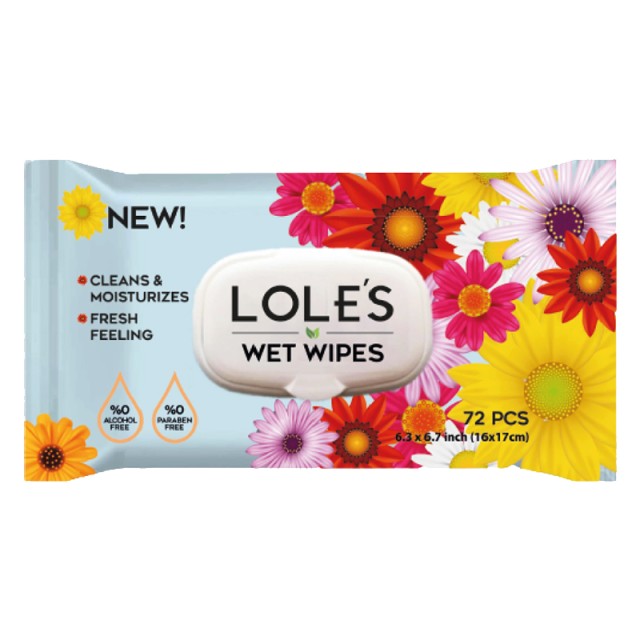 Lole's 0% Alcohol Wet Wipes Fresh Feel, Υγρά Μαντηλάκια Καθαρισμού με Καπάκι, 72τμχ