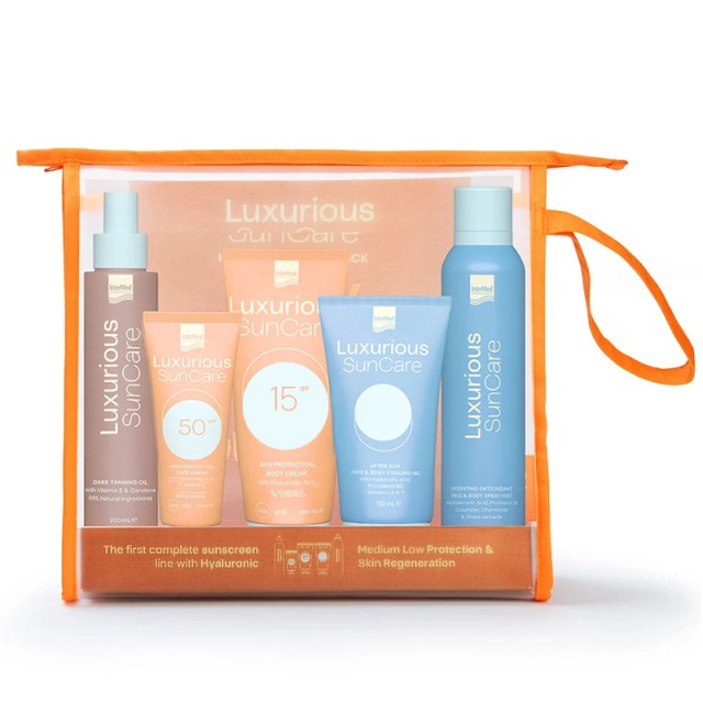 Intermed Luxurious SunCare Medium Low Protection Pack με Body Cream Κρέμα Σώματος SPF15, 200ml, Face Cream Κρέμα Προσώπου SPF50, 75ml, Dark Tanning Oil, 200ml, After Sun Cooling Gel, 150ml & Hydrating Antioxidant Ενυδατικό Mist, 200ml, 1σετ