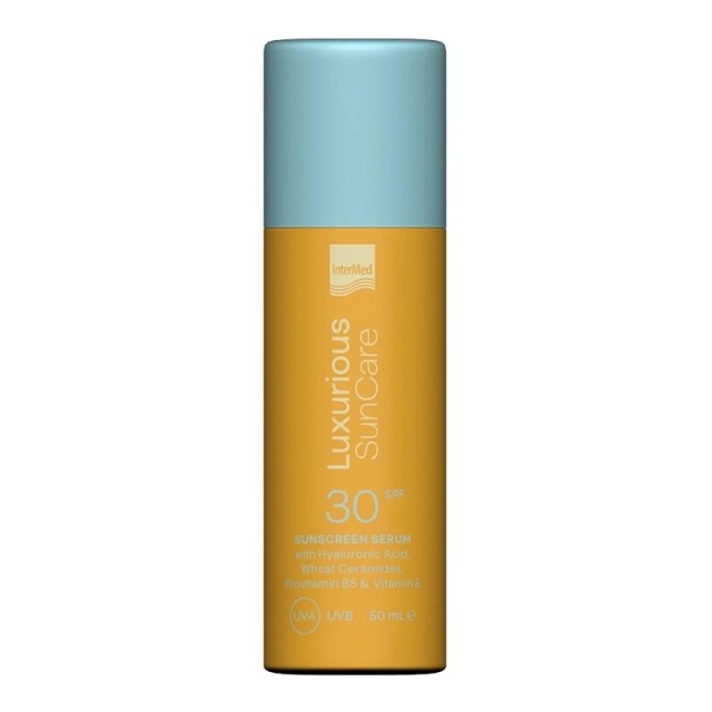 Intermed Luxurious Sun Care Sunscreen Face Serum SPF30 Με Υαλουρονικο οξύ, Κεραμίδια σιταριού, Προβιταμίνη Β5 & Βιταμίνη Ε, 50ml