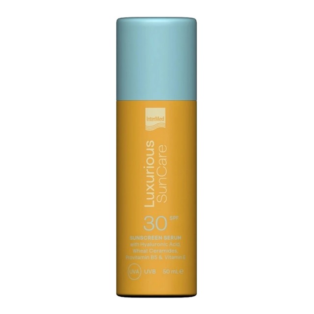 Intermed Luxurious Sun Care Sunscreen Face Serum SPF30 Με Υαλουρονικο οξύ, Κεραμίδια σιταριού, Προβιταμίνη Β5 & Βιταμίνη Ε, 50ml