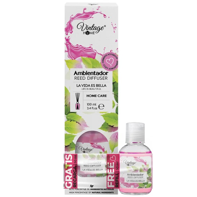 Vintage Home Life is Beautiful Reed Diffuser, Αρωματικός Διαχυτήρας σε Στικ 100 ml + 50 ml Ανταλλακτικό