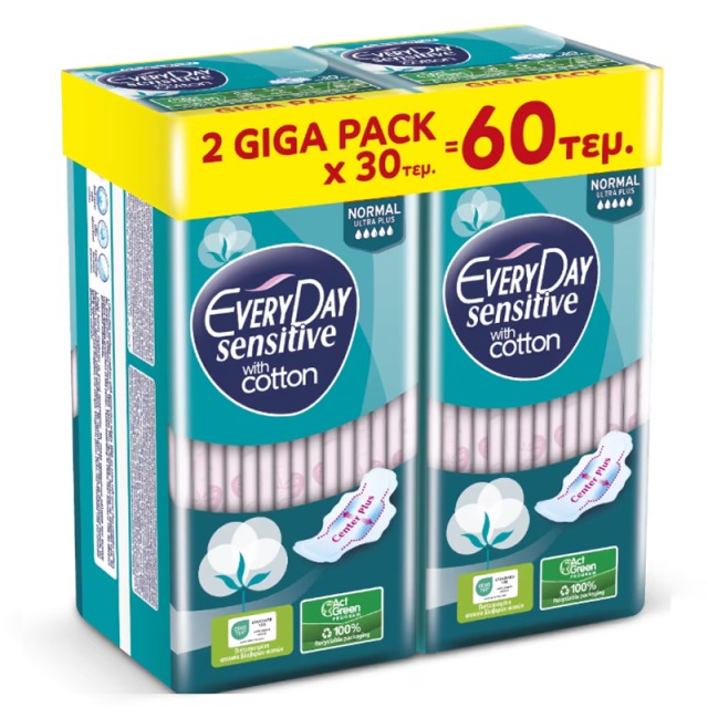 EveryDay Σερβιέτες Sensitive with cotton NORMAL Ultra Plus GIGA PACK x 2, 60 τεμ. (2x30τεμ.)