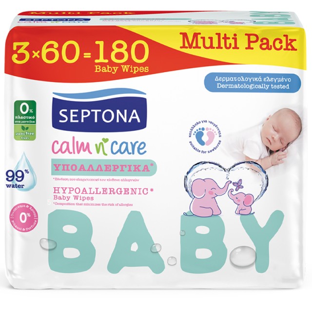 Septona Calm N Care Μωρομάντηλα Υποαλλεργικά, Multi Pack, 3x60τμχ