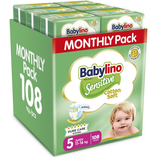 Βρεφική πάνα Babylino Sensitive Cotton Soft No5 11-16 Kg Monthly Pack, 108 τεμ.