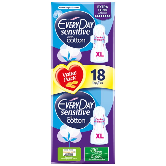 Every Day Σερβιέτες Sensitive with cotton EXTRA LONG Ultra Plus Value Pack 18 τεμ.