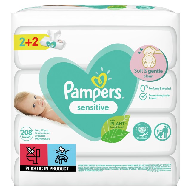 Pampers Sensitive Μωρομάντηλα, 4×52τμχ, 2+2 ΔΩΡΟ