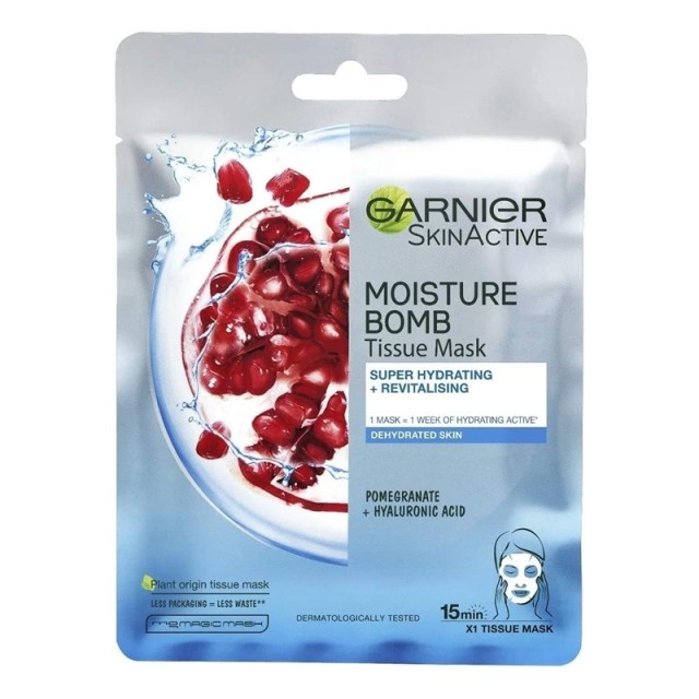 Garnier Skin Active Moisture Bomb Tissue Mask Υφασμάτινη Μάσκα Ενυδάτωσης Προσώπου με Ρόδι & Υαλουρονικό Οξύ, 32g