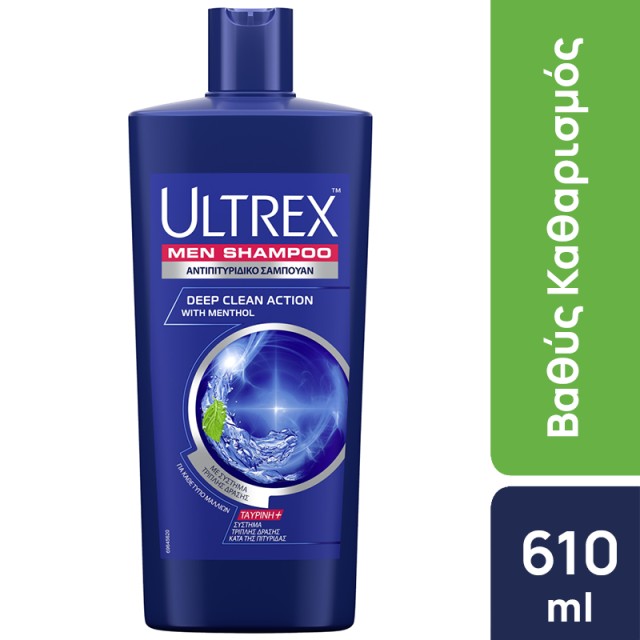 Ultrex Men Deep Clean Action with Menthol, Αντιπιτυριδικό Σαμπουάν Για Όλους τους Τύπους Μαλλιών 610ml