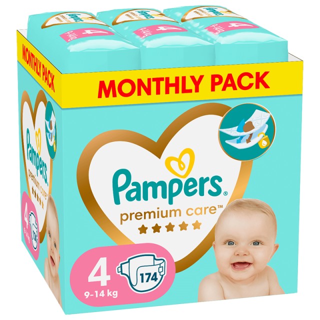 Pampers Premium Care, Πάνες  No4 (9-14kg), 174τμχ, MONTHLY PACK