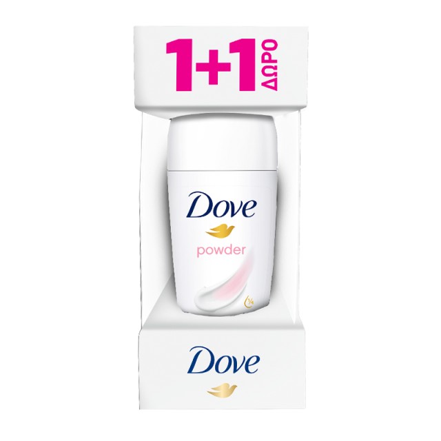 Dove Powder 0% Alcohol, Αποσμητικό Roll on 2x50ml, 1+1 ΔΩΡΟ