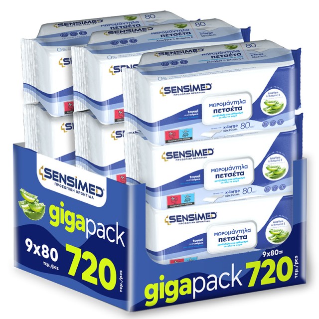 Sensimed Υγρά Μαντήλια Καθαρισμού Σώματος με Aloe Vera, XL 30x20cm με Καπάκι (9x80τμχ) 720τμχ