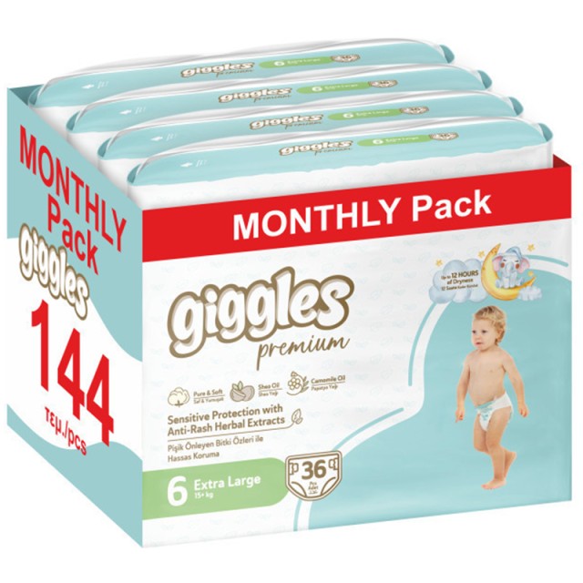 Βρεφική Πάνα Giggles No6 Extra Large 15+ Kg (4x36τμχ) 144τμχ MONTHLY PACK