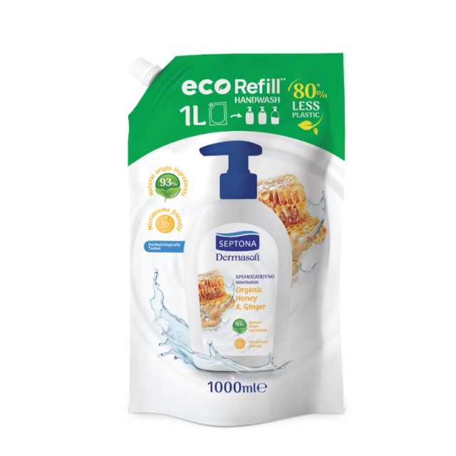 Septona Dermasoft Organic Honey & Ginger Eco Refill, Ανταλλακτικό Κρεμοσάπουνο, 1000ml