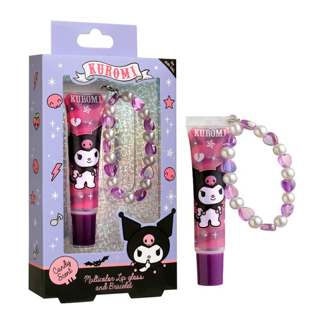 AIR-VAL Kuromi Multi-Colour Lip Gloss Candy Scent & Bracelet, Παιδικό Πολύχρωμο Λιπ Γκλος με Άρωμα Ζαχαρωτό 13ml & Βραχιόλι
