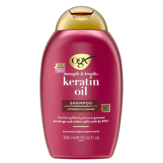 OGX Strength & Length Keratin Oil SLS Free, Σαμπουάν Ενδυνάμωσης Μαλλιών & Κατά του Σπασίματος με Πρωτεΐνες Κερατίνης & Argan Oil χωρίς Θειϊκά Άλατα, 385ml