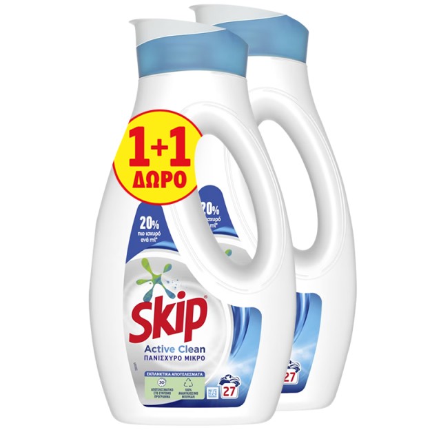 Skip Active Clean Πανίσχυρο Μικρό, Υγρό Πλυντηρίου Ρούχων, 2x27μεζoύρες (2x729ml) 1+1 ΔΩΡΟ