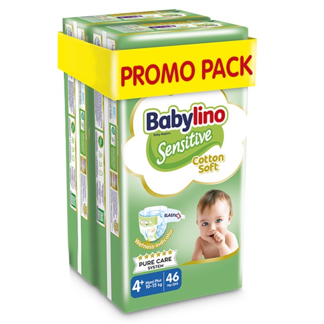 Βρεφική πάνα Babylino Sensitive Cotton Soft No4+ 10-15 Kg, PROMO PACK (2x46τμχ) 92τμχ